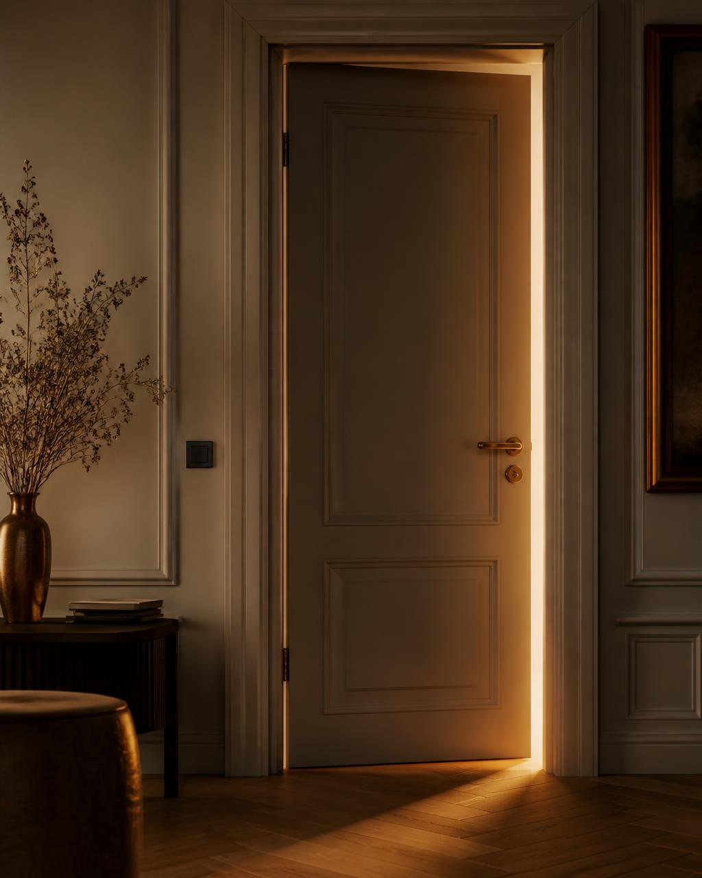 A door opening slightly with warm golden light spilling through