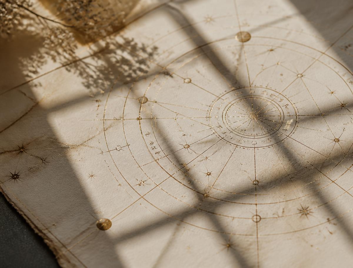 Hand-drawn birth chart on cream paper in soft window light